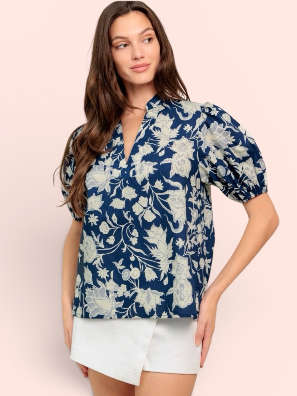 EMILY MCCARTHY V Neck Collared Puff Sleeve Boxy Oversized Top